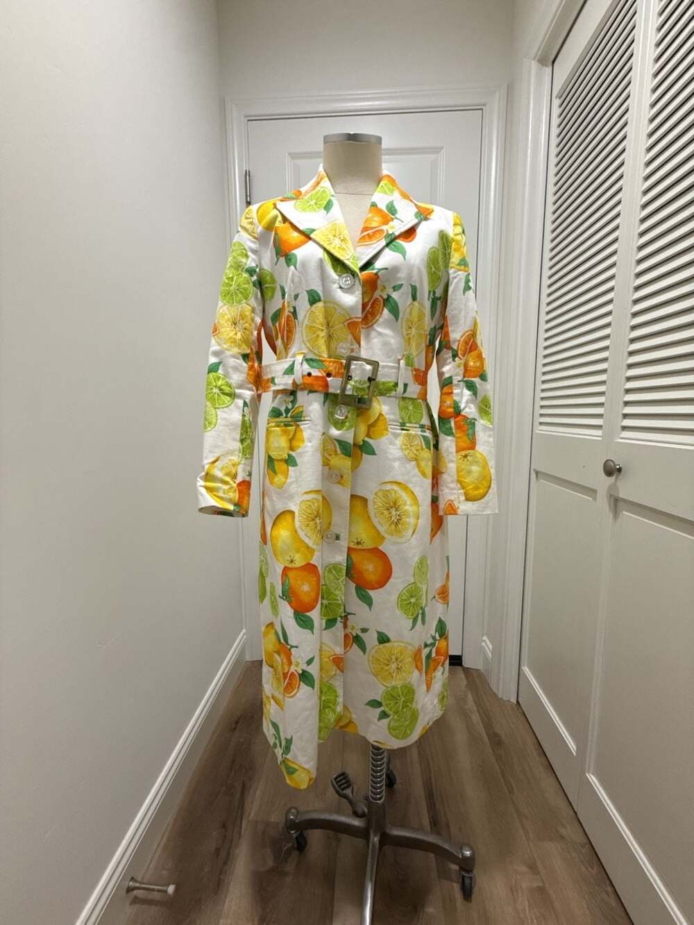 Vintage Citrus Fruit Print Belted Trench Coat